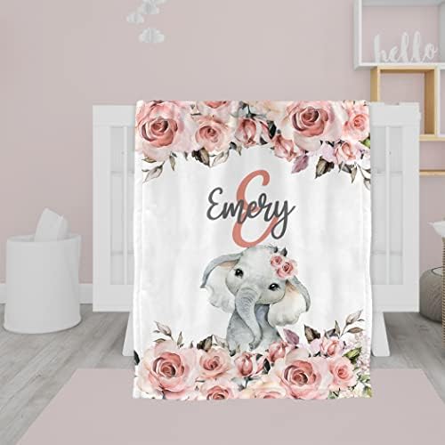 Angeline Kids USA Fabilized Baby Clanta, nome personalizado Baby Blanket, Pink Flower Elephant Gream