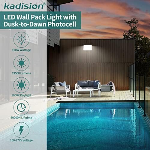 Kadision LED Wall Pack Light com fotocélula, 150W 19500lm 5000k Daylight 100-277V IP65 Propertício à