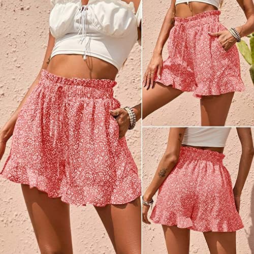 Shorts casuais femininos elásticos na cintura alta bagunça floral impressão floral shorts de praia