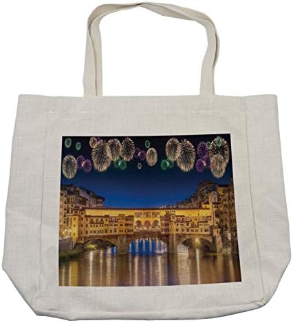 Bolsa de compras de Ambesonne Landscape, Panorâmica noturna Ponte Vecchio Florença Itália Fireworks coloridos,