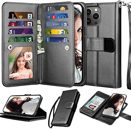 NJJEX Wallet Case para iPhone 14 Pro 6.1 2022, para iPhone 14 Pro Case, [slots de 9 cartas] Pu Leather Id