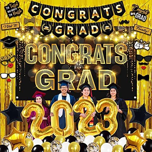 Katchon, Decorações de graduação 2023 Conjunto preto e dourado - pacote de 70 | Parabéns Banner de graduação,