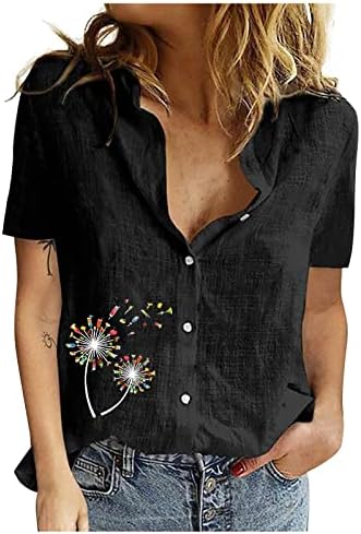 Botão de linho de algodão tops para mulheres 2023 Moda curta Moda de peixe casual impressão solta Blusa de camisas