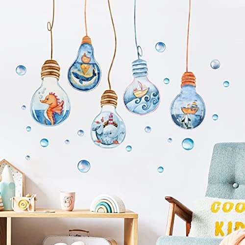 Arquiel aquarela Decalques de parede da lâmpada de baleias Bolhas de veleiro Bolhas de parede para crianças quarto
