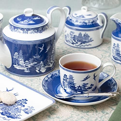 Grace Teaware Bone China Blue Willow Coffee/Tea Cup e Plos de 9 onças