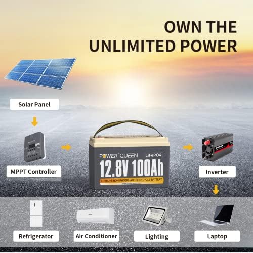 Power Queen 12V 100AH ​​LIFEPO4 Bateria, bateria de lítio de 1280Wh com 100a BMS, mais de 4000