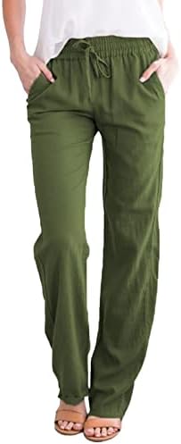 Calças de linho femininas mtsdjskf, calças de linho de cordão solto de cintura alta sólida com calças