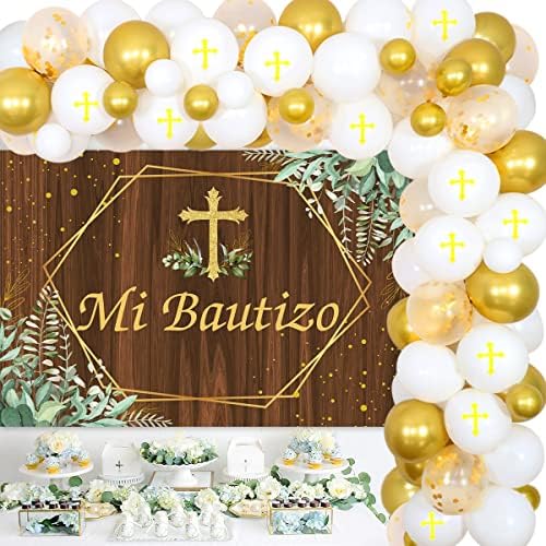 Mi Bautizo Party Decorações com cenário Mi Bautizo e Kit de Garland de Balão de Ouro Branco Decorações de Batismo