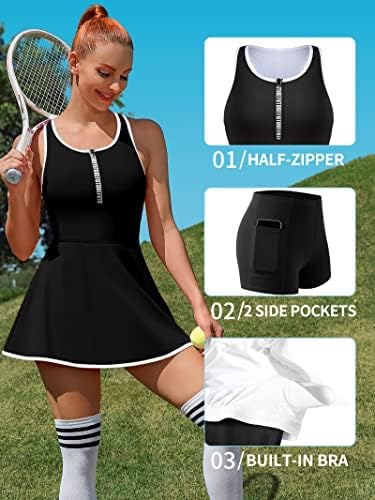 Vestido de tênis de tênis de atração com shorts e vestido de golfe de zíper atlético sem mangas de sutiã embutido