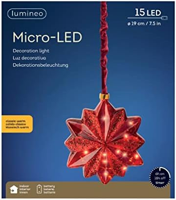 Lumineo Battery Operou 15 clássico de vidro branco de vidro vermelho LED 12, Luz decorativa de estrela