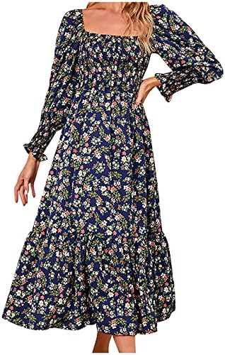 Vestido de estampa floral feminina BOHO Vestido quadrado casual Vestido de manga longa Longa vestidos