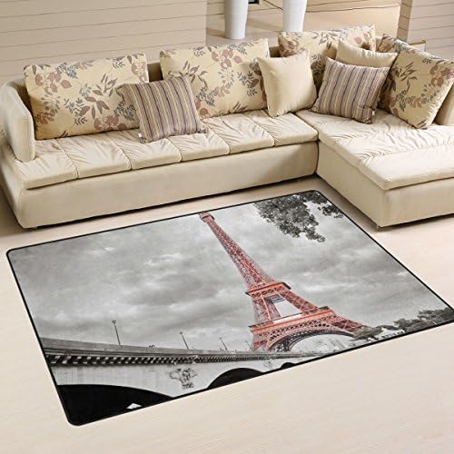 Tapete da área de Welllee, estilo monocromático Eiffel Tower Bridge Floor Tapete Não deslizamento para Living