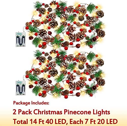 [2 pacote + timer] Luzes de pinecone de Natal Total de 14 pés 40 LED Garland de pinheiro de pinheiro vermelho