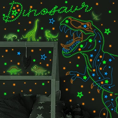 Buiory 925pcs brilho nos decalques de parede de dinossauros escuros removíveis Diy Green Green Stars e pontas
