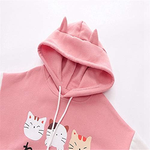 Hoodies para moletom de moda feminina gatos de bolso imprimido de manga longa com capuz fino