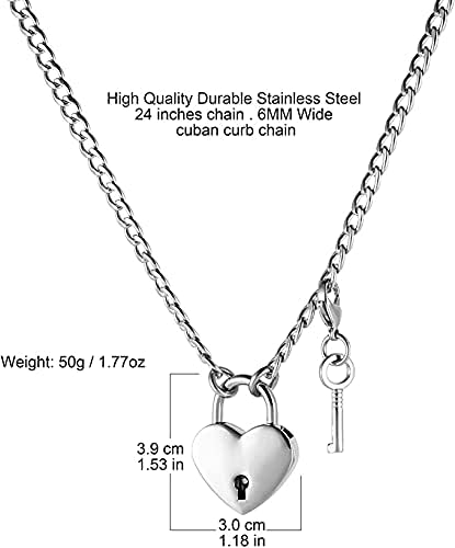 Hzman Lover Heart Padlock Colar Chartlock Collar Cheker for Men Mulher With Lock and Key 24 polegadas