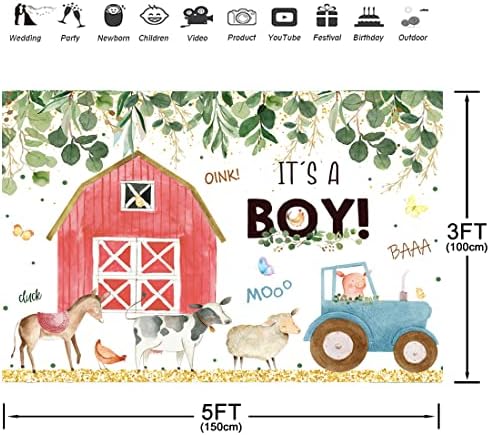 Aperturee Farm Animals Chá de bebê Caso -pano de 5x3ft É um garoto Red Barn Greenery Green Leaves Kids Prince