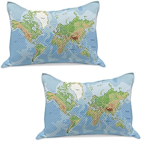 Ambesonne World Mapa de malha de malha de colcha de travesseiros, mapa topográfico do mundo continentes países Montanhas Oceanos, cobertura padrão de travesseiro de tamanho king para quarto, 36 x 20, multicolor