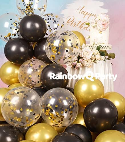 Rainbowq Metallic Shiny Balões pretos e dourados de 12 polegadas 68pcs Balões de confetes pretos