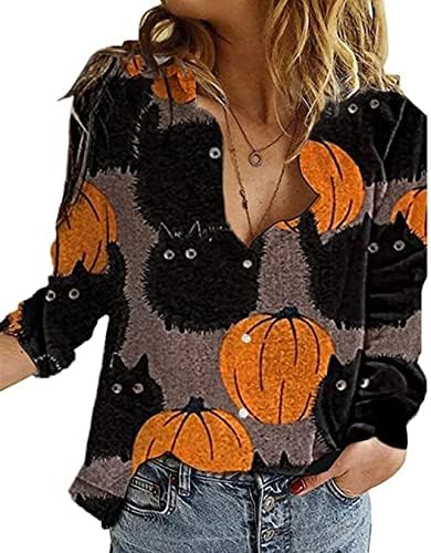 Melliflo Halloween camisas para mulheres de manga comprida botão abaixar roupas de impressão gráfica de abóbora
