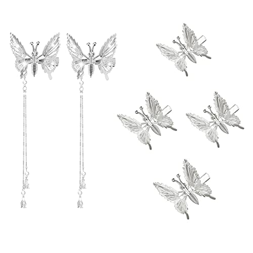 6pcs asas em movimento pinos de cabelo de borboleta prateada, 3D Cute de cabelos de borla oca de metal