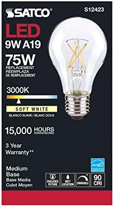 Lâmpadas de filamentos de LEDs Satco Dimmable, S12423, lúmens altos, 10,5 watts, A19; Claro; Base