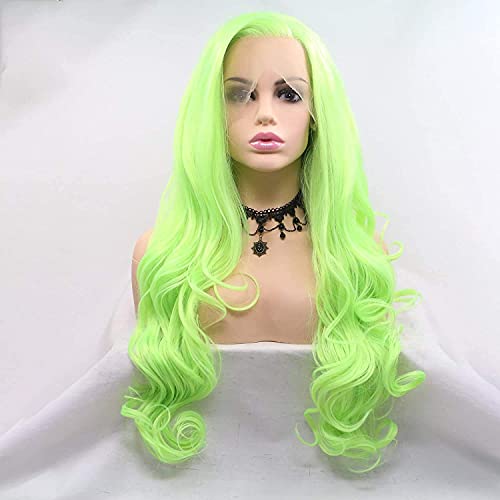 Neon verde cacheado de cabelo real peruca fluorescente verde artesanato de renda sintética perucas dianteiras