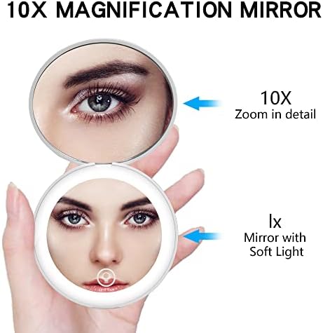 Espelho de maquiagem de viagem iluminada por PasLED, espelho recarregável de 1x/10x, sensor de toque, espelho