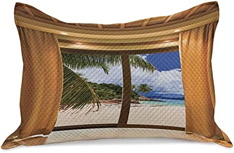 Ambesonne Beach malha de colcha de travesseiros, vista da margem exótica tropical da janela com cortinas de