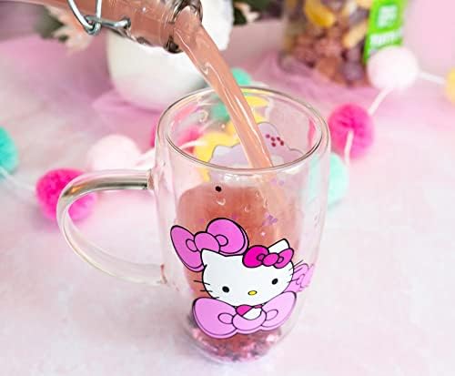 Sanrio Hello Kitty Bows and Stars Confetti Glass Caneca | Copo frio de parede dupla para bebida de chá de leite