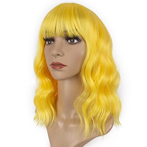 Peruca amarela de lanice curto ondulário ondulado perucas para mulheres perucas amarelas com franja