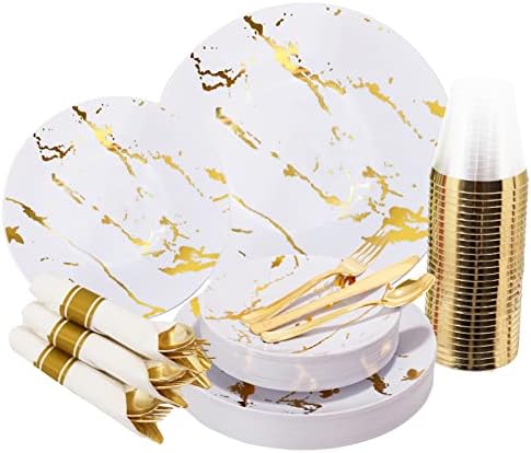 BUCLA 30 GESTS Placas de plástico de ouro- placas plásticas brancas e douradas com talheres de