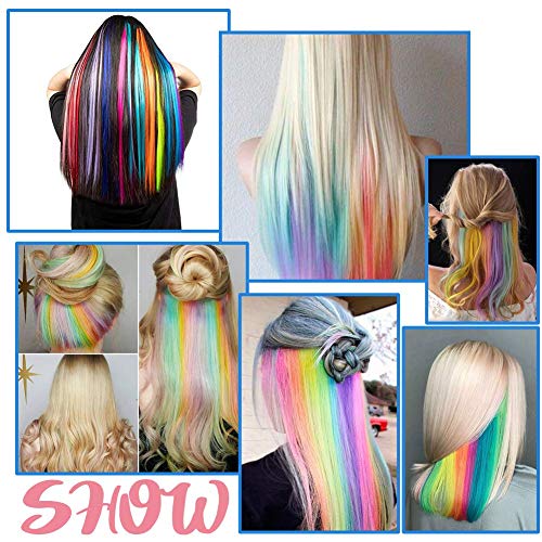24pcs clipe em extensões coloridas para meninas, extensões de cor de cabelo arco-íris longas clipes, destaques