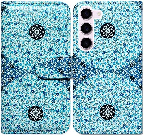 Caixa BCOV Galaxy S23, Flores de couro azul claro capa de capa de telefone de couro com suporte de slot de cartão