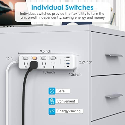 Junnuj Switches Individual Faixa de energia 4, tira fina de plugue plana com portas USB-C de 20W e