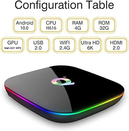 Android 10.0 TV Box 4 GB RAM 32GB ROM, Q Plus Android Box H616 Quad-core WiFi 2,4GHz Suporte 6K H.265 HD 2.0 Ethernet