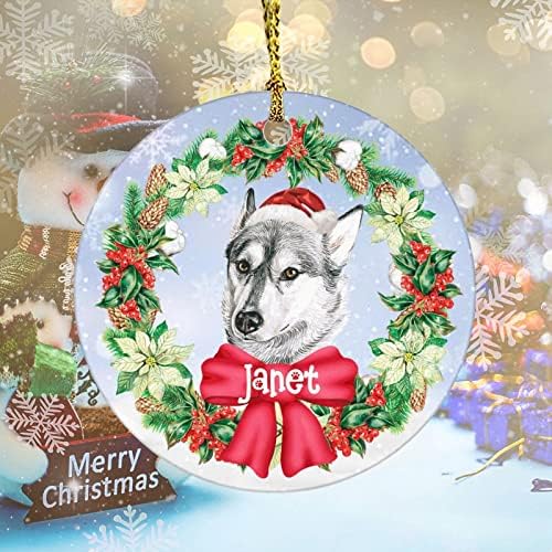 Christmas Wreatch Wreatch Nome do cão de estimação personalizado Cerâmica Ornamento de Natal Round Pingente de cães