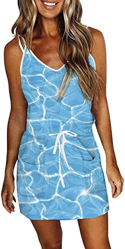 IQKA Women Camis Dress Ty Tye Print Mini vestidos de praia Sundress de cintura elástica de pescoço com vestidos