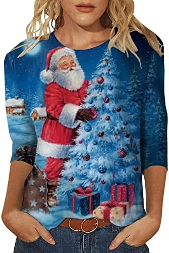 Girls adolescentes neve Papai Noel Print Print Loose Tops Tops Crewneck Bloups 3/4 Sleeve Vacation Christmas Lounge