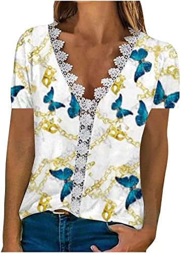 Camisas de manga curta para feminino vneck renda spandex estampa floral FIT BLOUSS FIT LOUNS