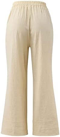 Calças de linho de algodão de verão feminino, calças de calça de moda e fidelas de perna larga e casual com