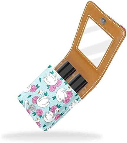 Bolsa de maquiagem de batom portátil fofa, cisne feliz com padrão de flor rosa azul bolsa cosmética