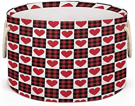 Red Love Love Heart Plaid Grandes cestas redondas para cestas de lavanderia de armazenamento com alças