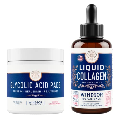 Almofadas de ácido glicólico para o rosto e colágeno líquido com pacote de beleza de biotina por Windsor Botanicals