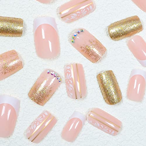 24 PCs Nude Pink Press On Nails Square Medium Fake Nails Golit Glitter False unhas com cola