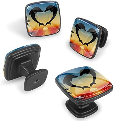 4 peças Cabinete botões Dolphin Casal Sunset Sunset Coconut Tree Pulls para armário de banheiro de armário de cozinha, quadrado