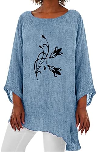 Mtsdjskf Bloups para mulheres, impressão gráfica de três quartos de manga o pescoço camisetas de linho confortáveis