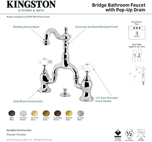 Kingston Brass KS7971px Inglês Country Bridge Bathet Banheiro com pop-up de latão, cromo polido