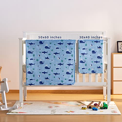 Dayu Silky Micro macio macio cobertores para meninos com padrão de animal imprimido e pontos calmantes elevados, lances de camada dupla para berço para bebês, baleia de tubarão, azul, 30x40 polegadas