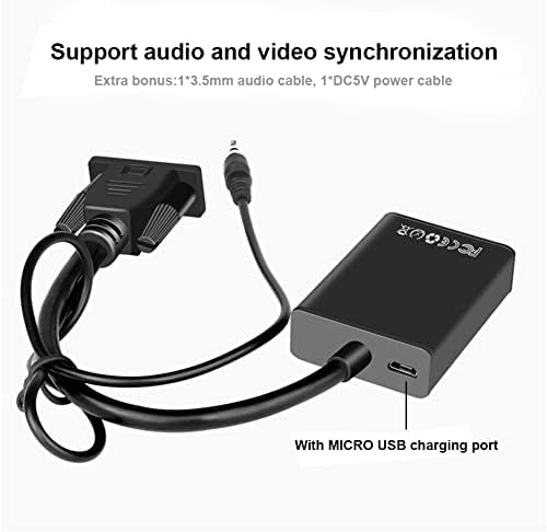 Adaptador VGA a HDMI com cabo de áudio de 3,5 mm e cabo de alimentação, conversor VGA para HDMI 1080p 60Hz, compatível com masculino VGA e fêmea HDMI para projetores de TV monitores